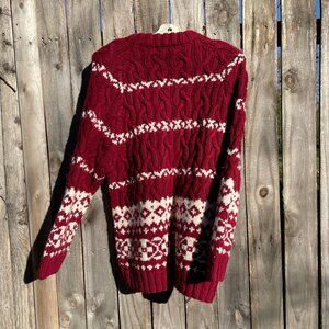 Red & White Cable Knit Fair Isle Sweater - Warm Crew Neck
